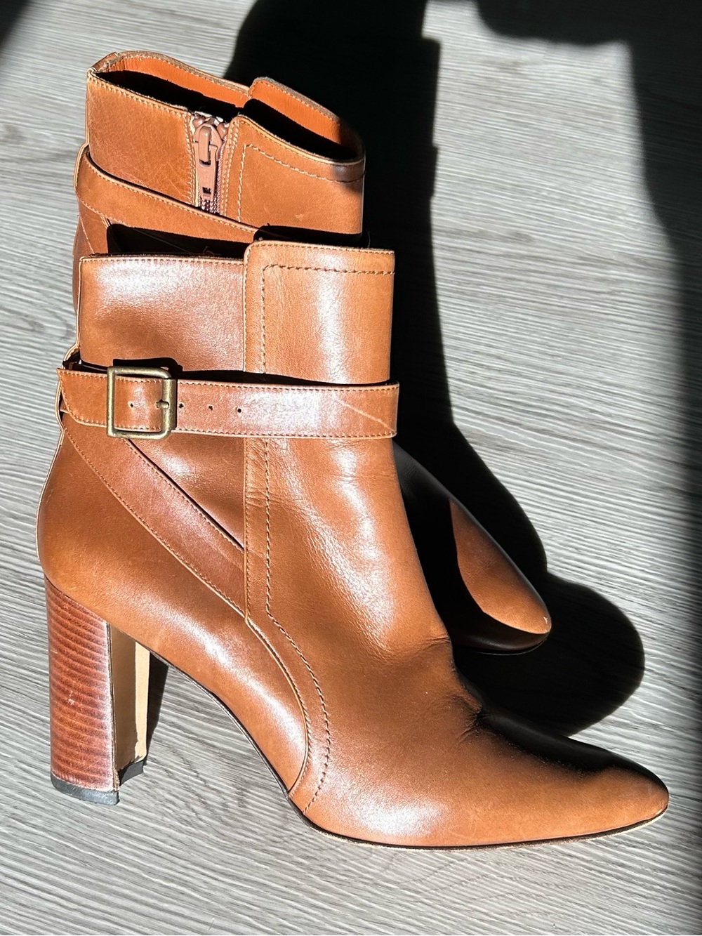 Manolo Blahnik Cognac Leather Ankle Boots with Buckle